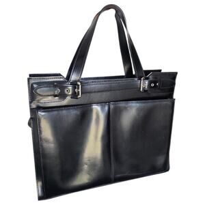 Franklin Covey Black Leather Portfolio Briefcase Shoulder Bag Work Tote 15"